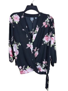 Soho Black Floral Tie-Waist Wrap Blouse with Pink Roses